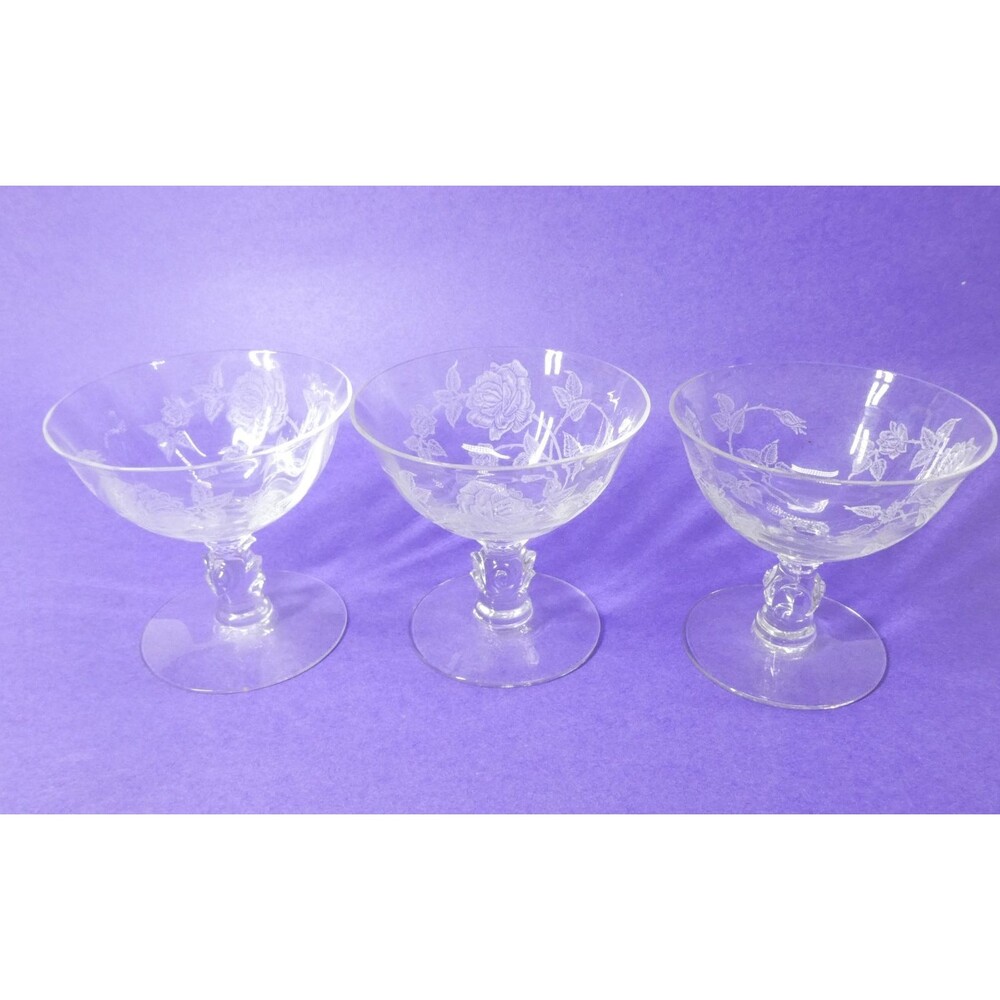Heisey Rose Low Sherbet Set of 3 Glasses Vintage Clear Glass Etched Flowers